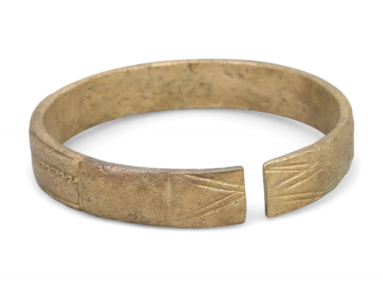 Ancient Medieval Eastern European Ethnic Bronze Cuff Bracelet with Incised Motifs, c. 10th-13th (1 of 2)