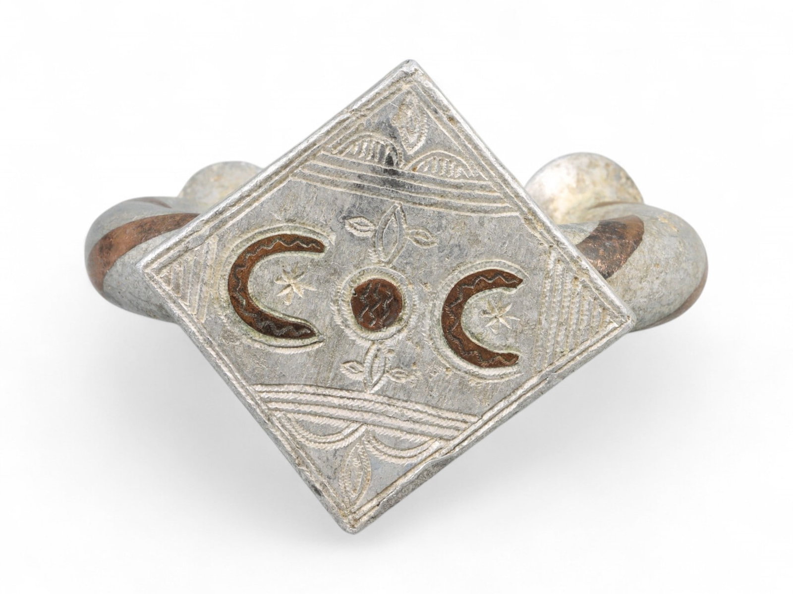 Post-Medieval North African Crescent and Sun Symbolic Bi-Metallic Bracelet, c. 18th-19th Century CE: Striking in both form and symbolism, this rare North African bracelet dates to the 18th-19th century CE and embodies a cultural synthesis of metalworking mastery and spiritual representation. Measurin