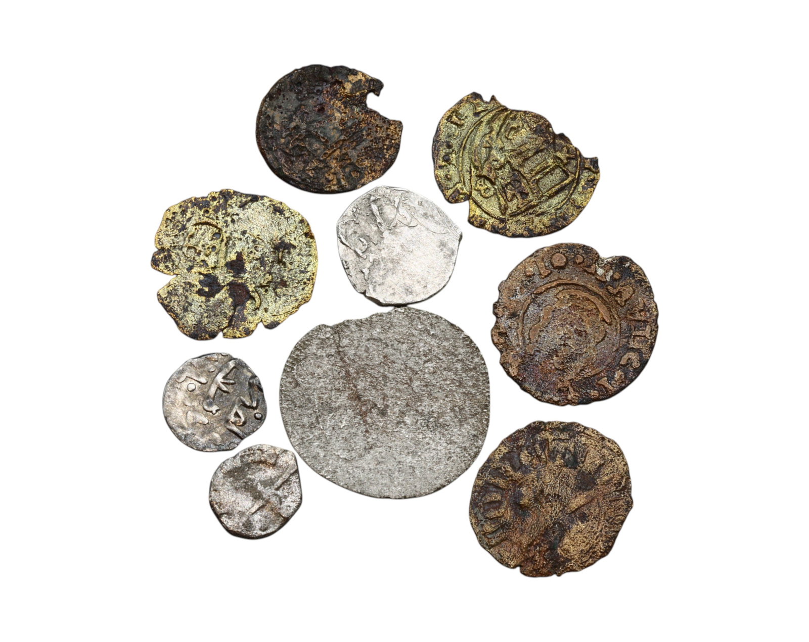 Medieval Mixed Lot of 9 Billon Coins from Central and Eastern Europe, c. 12th-15th Century CE: This intriguing collection of 9 medieval billon coins-each ranging from 8 to 18 mm (0.31 to 0.71 inches) in diameter-offers a rare cross-section of regional economies, dynastic changes, and numismatic