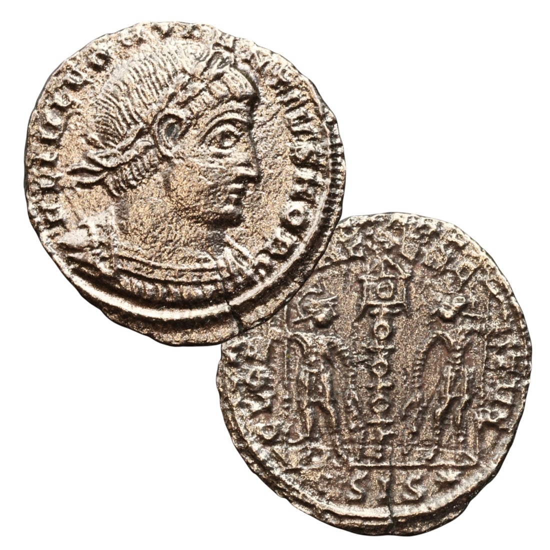 Ancient Roman Constantine II Caesar Two Soldiers Bronze Follis Coin, Siscia Mint, c. 330-333 CE (1 of 3)