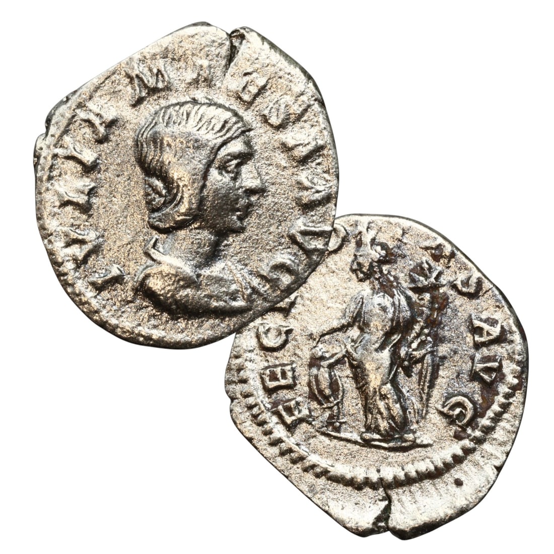 Ancient Roman Empress Julia Maesa Fecunditas Symbol Silver Denarius Coin, c. 223 CE: Struck in the early 3rd century CE during the Severan dynasty, this ancient Roman silver denarius honors Julia Maesa, a politically astute and influential matron of the imperial family. With her disti