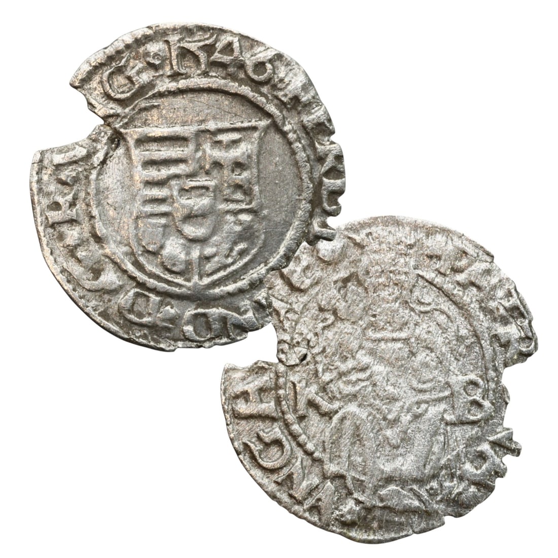 Ancient Medieval Hungarian Heraldic Silver Denar of Ferdinand I, Kremnica Mint, 1546: Struck during the reign of Ferdinand I, this medieval Hungarian denar from the esteemed Kremnica mint reflects the authority and elegance of a Habsburg dynasty that ruled over a divided and turbulent 
