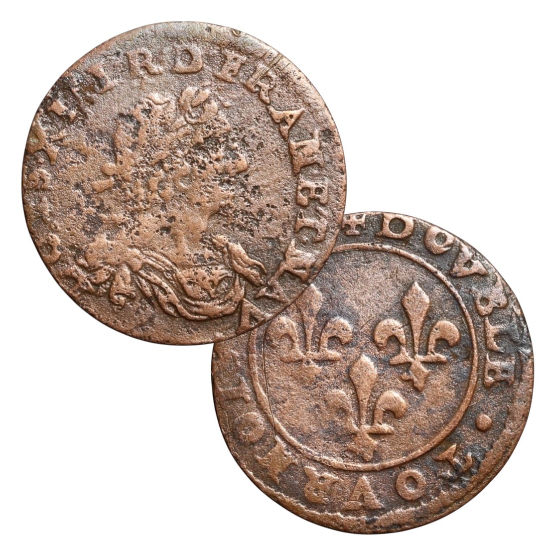 FRANCE: Louis XIII - Royal Authority Double Tournois Coin, 1638, 20mm: Issued in 1638 at the height of the Bourbon consolidation of power, this copper Double Tournois serves as both a transactional medium and a political message. The obverse features the crowned bust of 