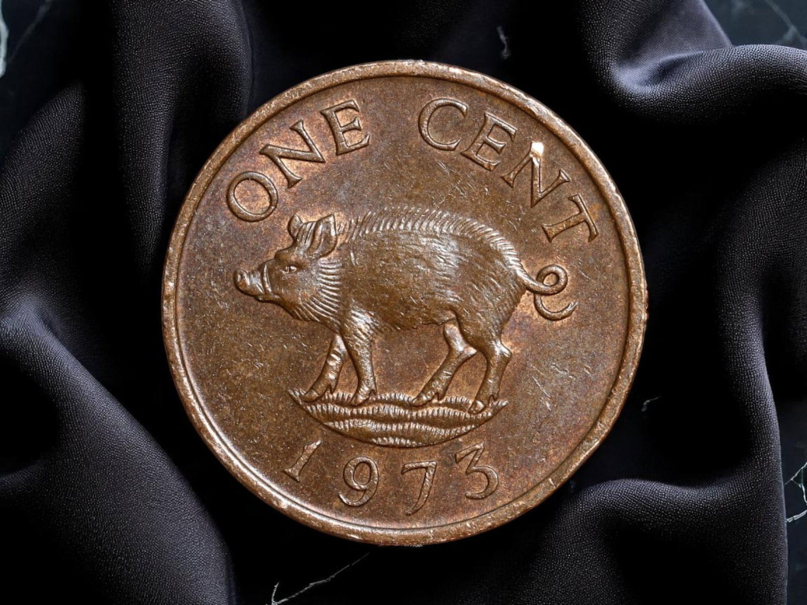 BERMUDA: Colonial Iconography - Wild Boar One Cent Coin, 1973, 19mm: Struck in 1973, this distinctive bronze One Cent coin from Bermuda captures a rare blend of colonial heraldry and local symbolism. The reverse features a wild boar standing defiantly atop a stylized i