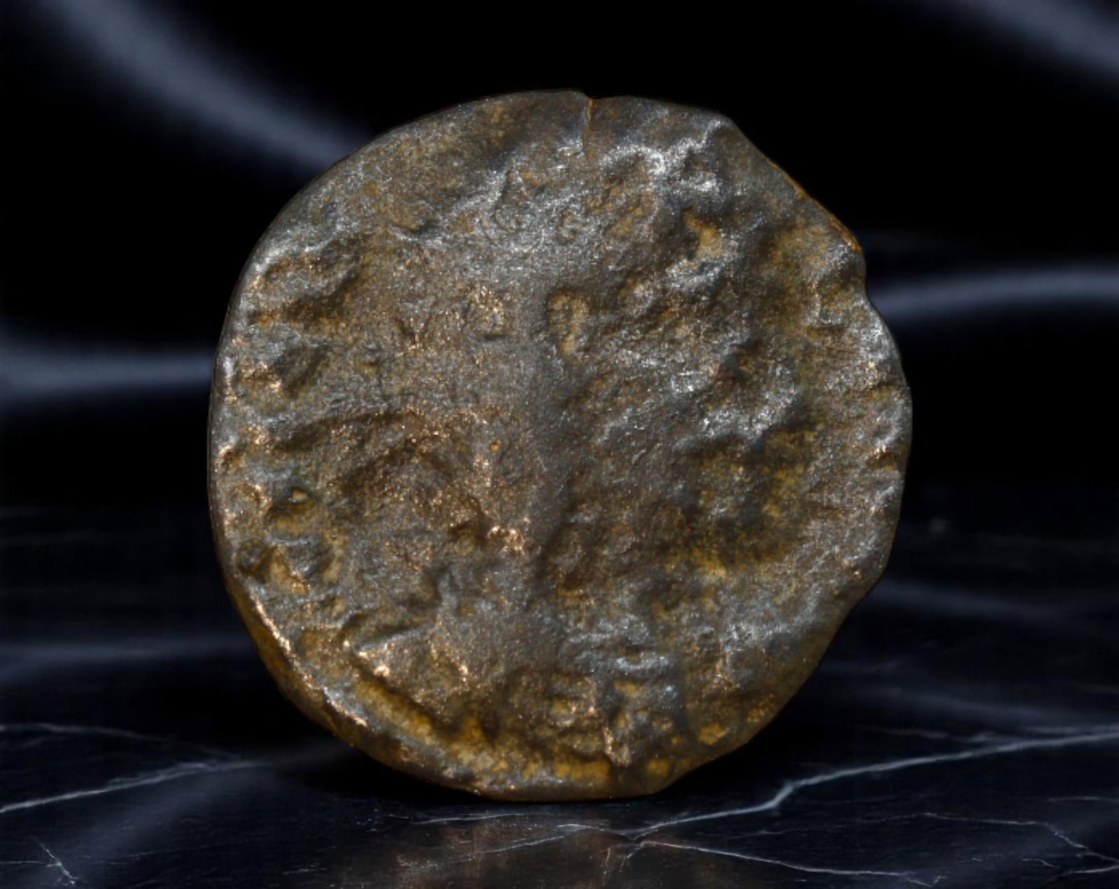ROMAN EMPIRE: Ancient AE Coin Bronze Issue, 15mm: Issued during one of the most transformative epochs of the Roman Empire, this bronze coin embodies the endurance and adaptability of Roman statecraft across centuries. Its compact flan and timeworn su