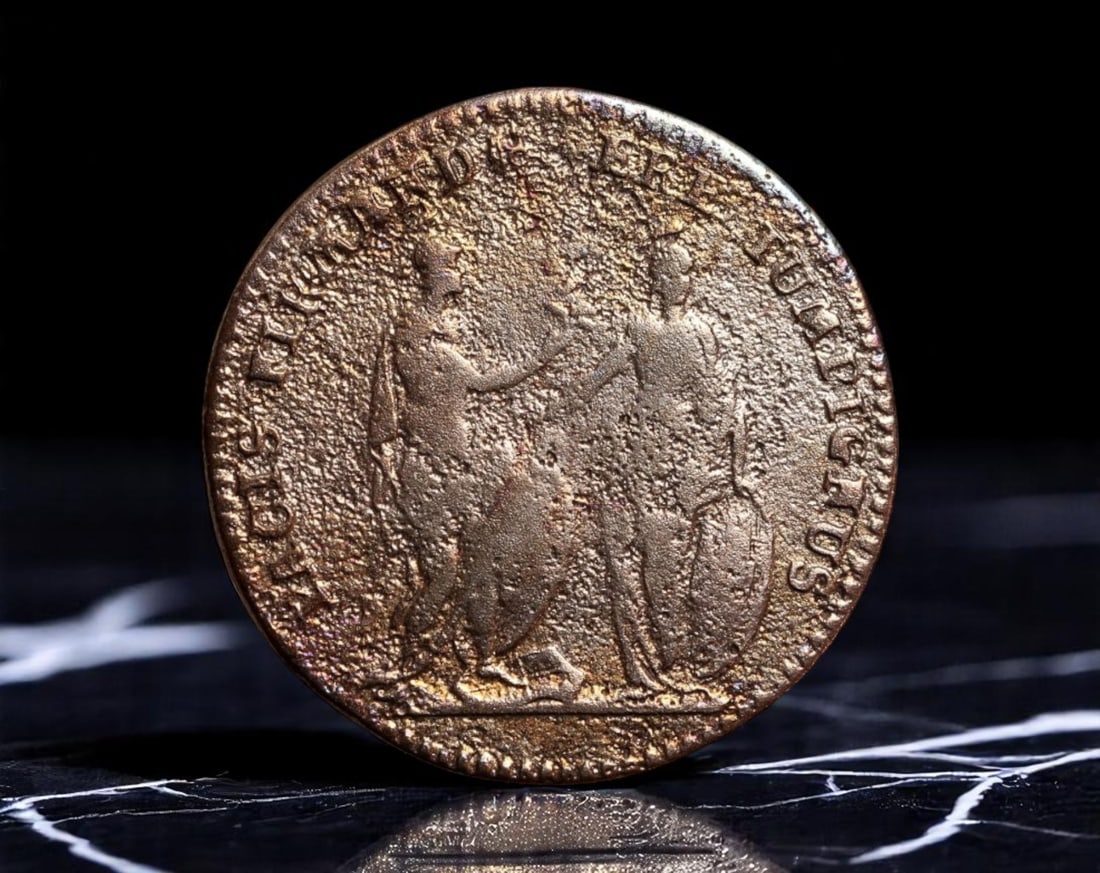 FRANCE: Louis XV - Peace Allegory Bronze Jeton, ca. 18th Century, 24mm: This beautifully worn 18th-century bronze jeton offers a poetic tribute to the diplomatic ideals of the Ancien Regime under King Louis XV. The obverse bears a neoclassical bust of the monarch, surroun