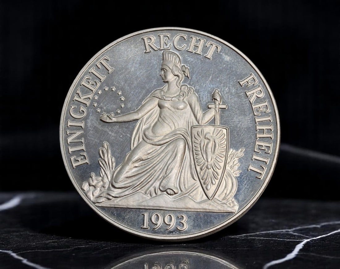 GERMANY: European Unity - Europa ECU Commemorative Coin, 1993, 40mm: Issued as a symbolic gesture toward European monetary integration, this large-format 1993 commemorative coin celebrates Germany's commitment to the European Currency Unit (ECU), precursor to the euro.