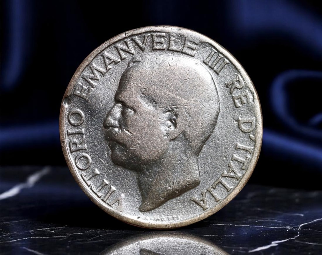 ITALY: Vittorio Emanuele III - Agrarian Strength 10 Centesimi Coin, 1927 R Rome Mint, 22mm: Issued during the height of Italy's interwar modernization efforts, this 1927 10 Centesimi coin pays striking tribute to the nation's agrarian roots and the power of labor. King Vittorio Emanuele III 