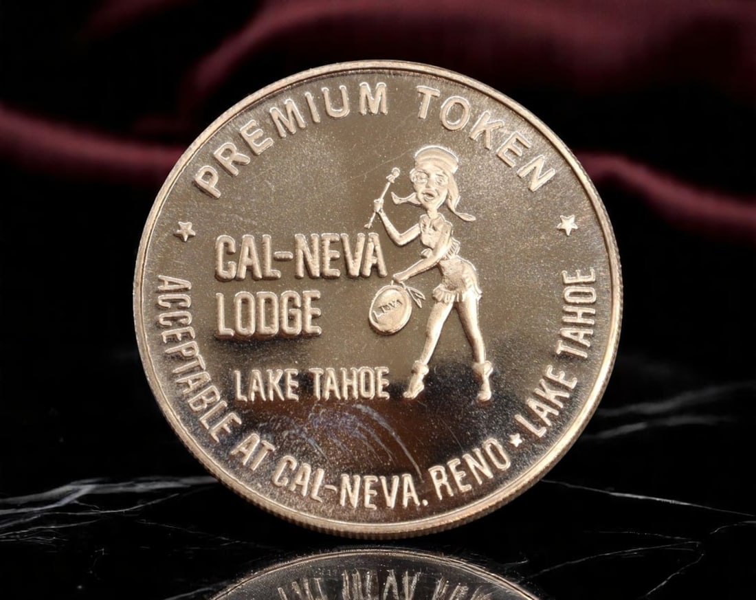 USA: Cal-Neva Lodge Token - Brass, Club Premium Issue, Lake Tahoe & Reno (26mm): Struck in bright brass, this lively 26mm premium token served as an in-house promotional currency for the iconic Cal-Neva Lodge and Club Cal-Neva properties, located on the Nevada-California border an