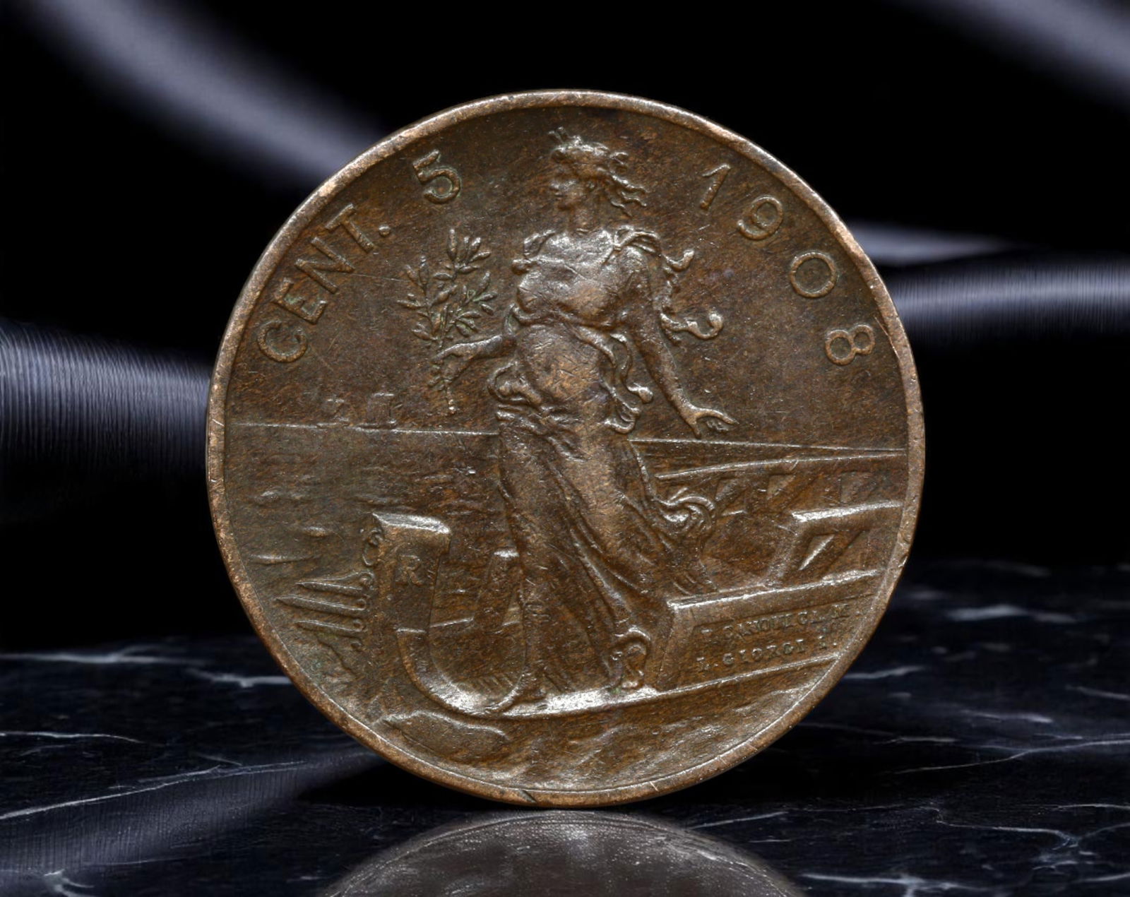 ITALY: Vittorio Emanuele III - National Allegory 5 Centesimi Coin, 1908 R Rome Mint, 25mm (1 of 2)