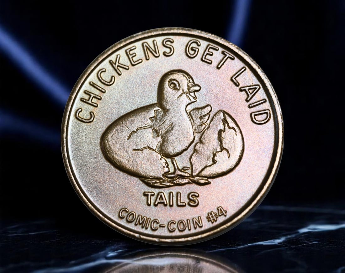 UNITED STATES: Comic-Coin #4 - Satirical 'Chickens Get Laid' Gag Token, ca. 1970s-1980s, 25mm: This novelty token from the whimsical Comic-Coin series playfully subverts the language of luck, biology, and innuendo with its two-sided pun. One side features a cartoon chick hatching beside the phr