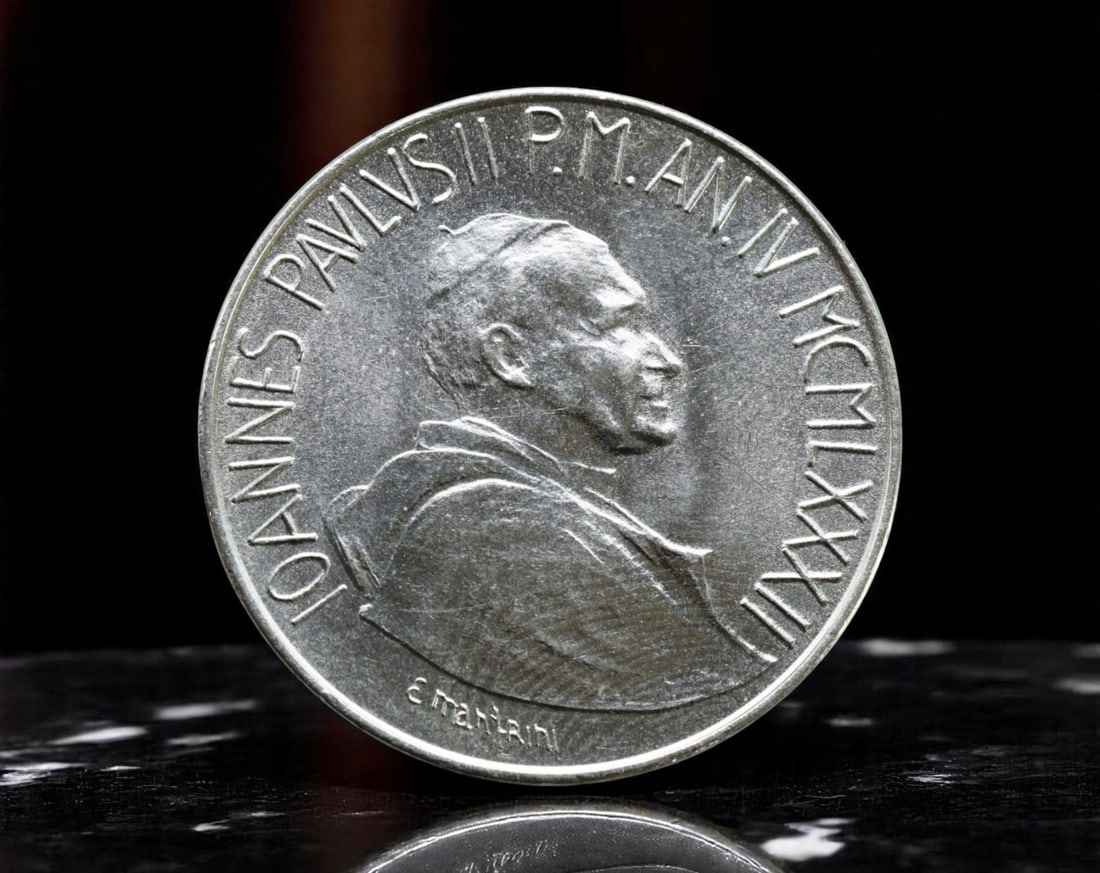 VATICAN CITY: Pope John Paul II - Holy Family Devotion 100 Lire Coin, 1982 R, 27mm: Issued in the fourth year of Pope John Paul II's pontificate, this 100 Lire coin radiates a message of spiritual intimacy and pastoral care at the heart of Catholic teaching. The obverse presents a di