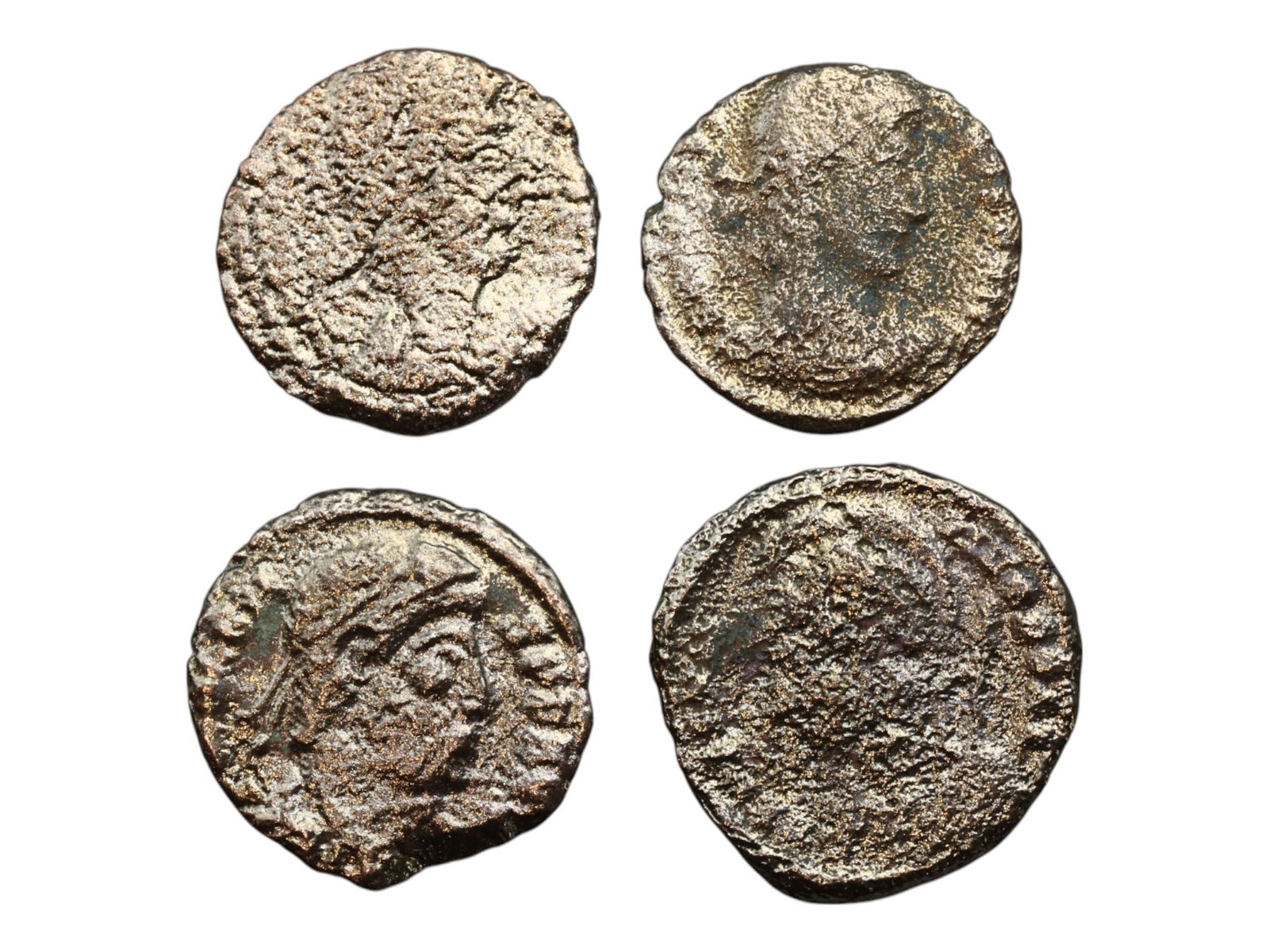 Ancient Roman Imperial Bronze Follis Coins Grouping, c. 3rd-4th Century CE (4 Coins, 15-18mm): This curated group of four ancient Roman bronze folles, offers a compact and compelling window into the numismatic and imperial narratives of Rome during the empire's later centuries. Likely dating fr