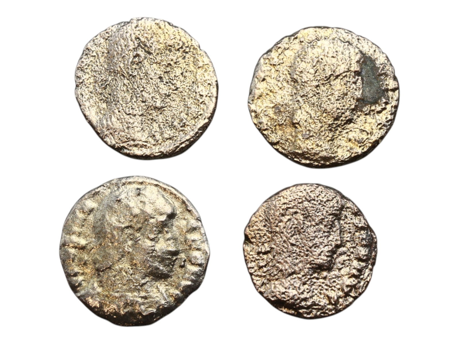 Ancient Roman Imperial Bronze Follis Coins Grouping, c. 3rd-4th Century CE (4 Coins, 14-15mm): This curated group of four ancient Roman bronze folles, offers a compact and compelling window into the numismatic and imperial narratives of Rome during the empire's later centuries. Likely dating fr