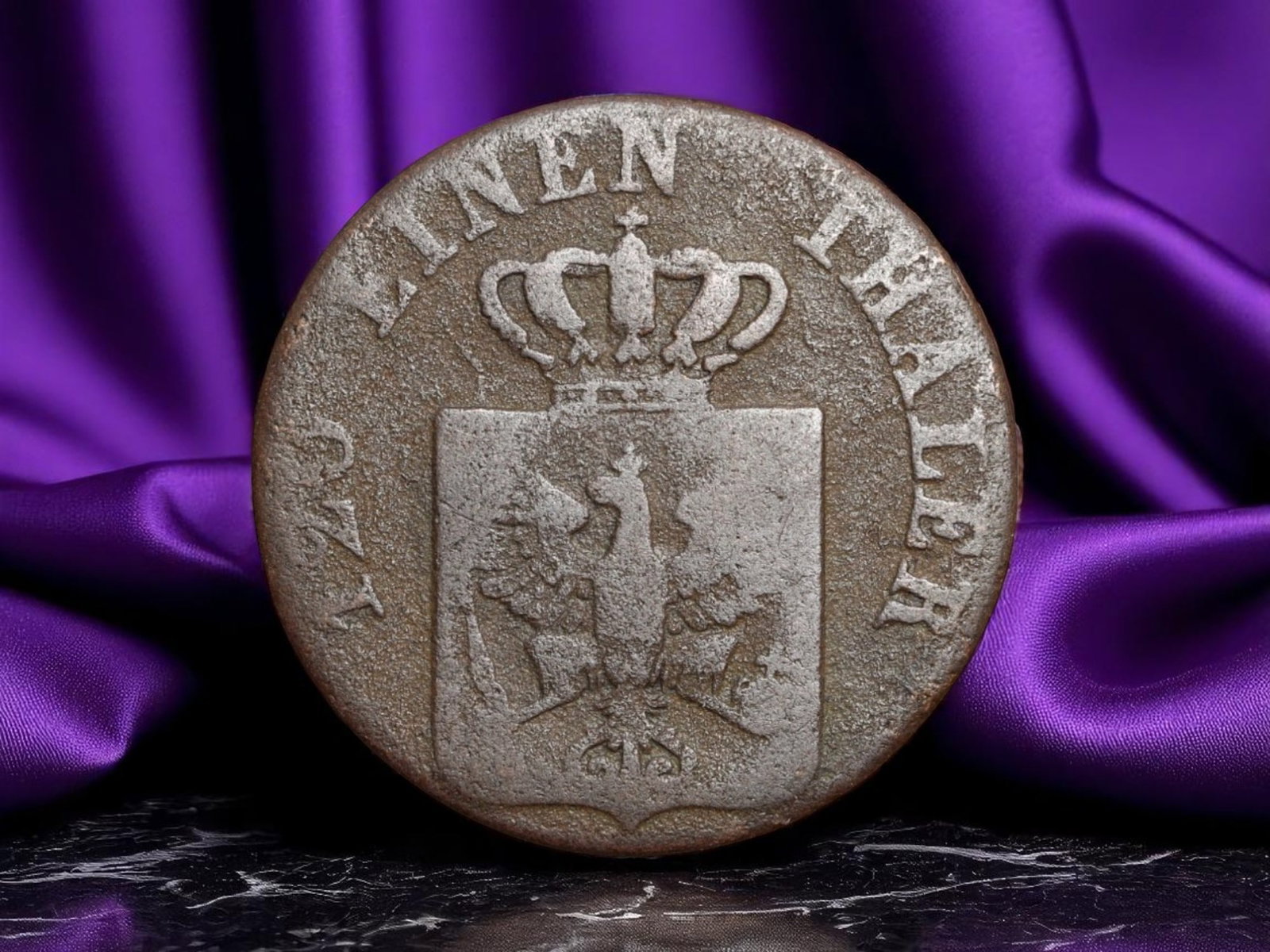 GERMANY/HESSE-KASSEL: Crowned Arms - Linen Thaler Token, 1849, 24mm: Issued under the waning years of the Electorate of Hesse-Kassel, this 1849 Linen Thaler token is a rare industrial-era remnant of localized monetary alternatives. The obverse features the crowned arms