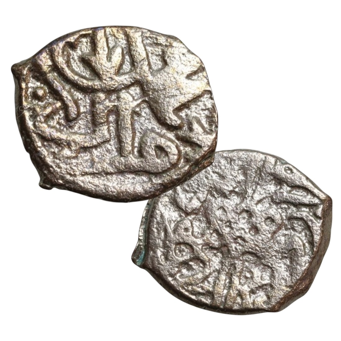 Ancient Medieval Mongol Empire Copper Coin, Arabic Inscription Type, c. 13th-14th Century CE: This compact copper coin, originates from the height of the Mongol Empire's expansion into the Islamic world, likely minted between the late 13th and early 14th century CE. The piece bears Arabic insc