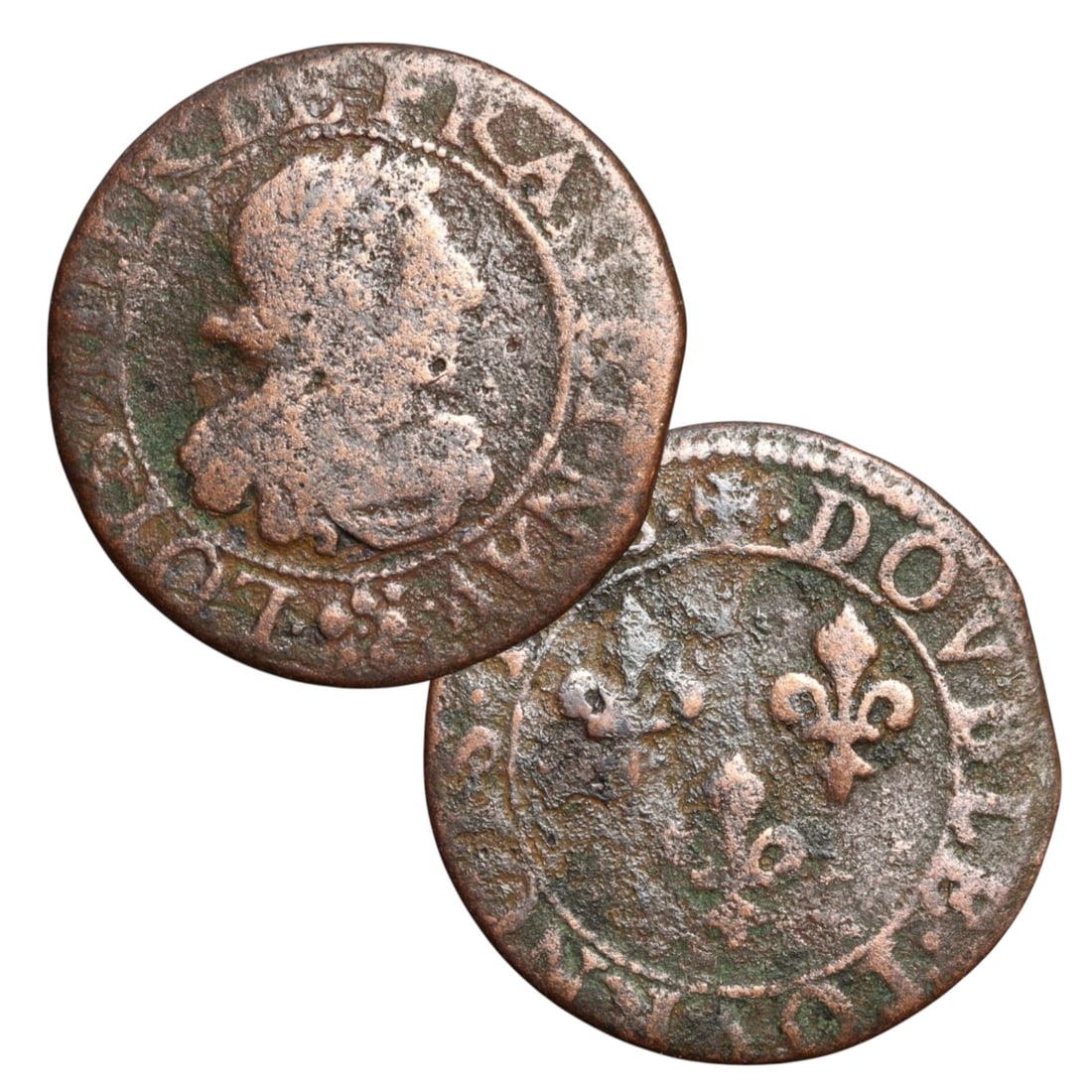FRANCE: Louis XIII - Royal Authority Double Tournois Coin, 1638, 20mm: Issued in 1638 at the height of the Bourbon consolidation of power, this copper Double Tournois serves as both a transactional medium and a political message. The obverse features the crowned bust of 