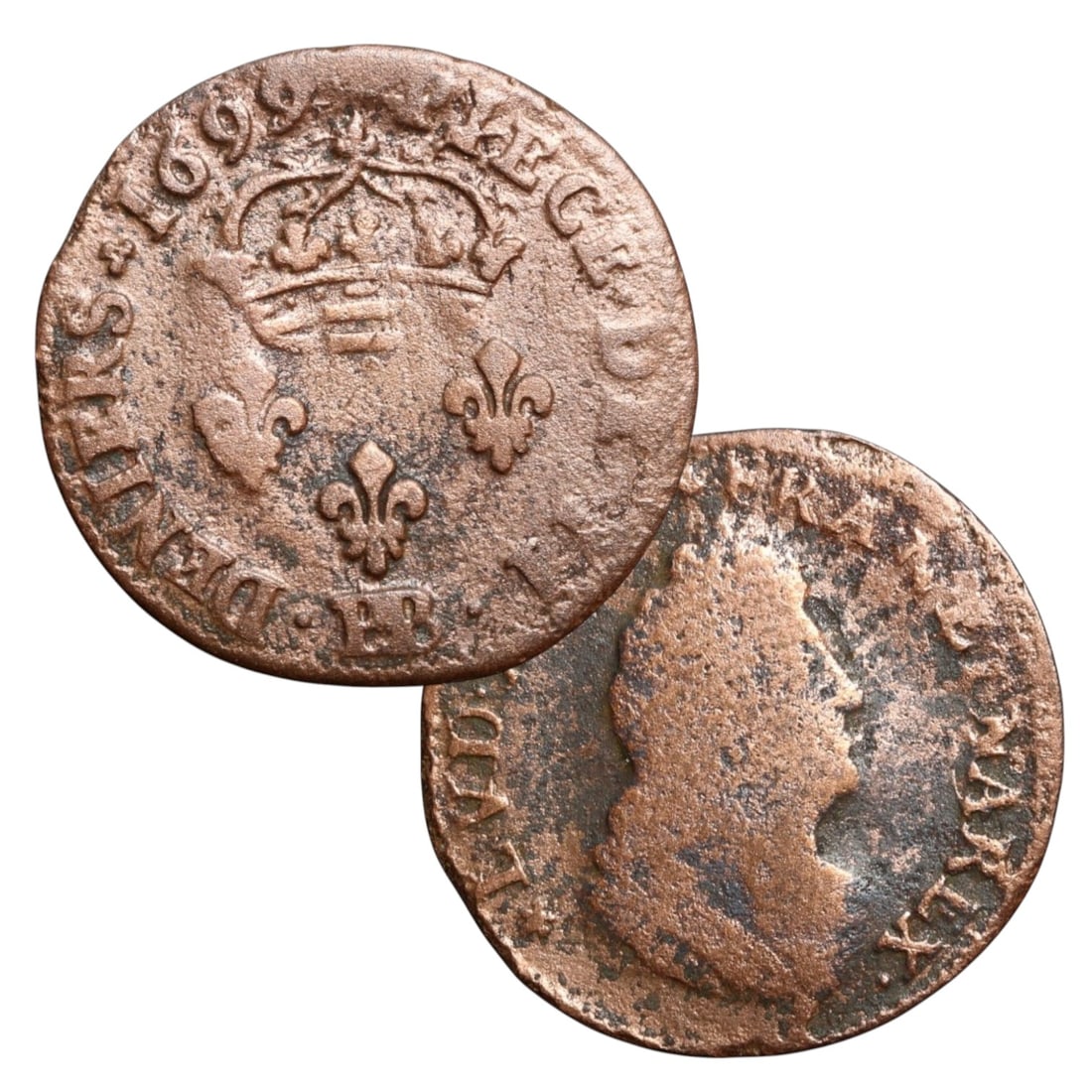 FRANCE: Louis XIV - Royal Authority Copper 2 Deniers Coin, 1699, 20mm (1 of 3)
