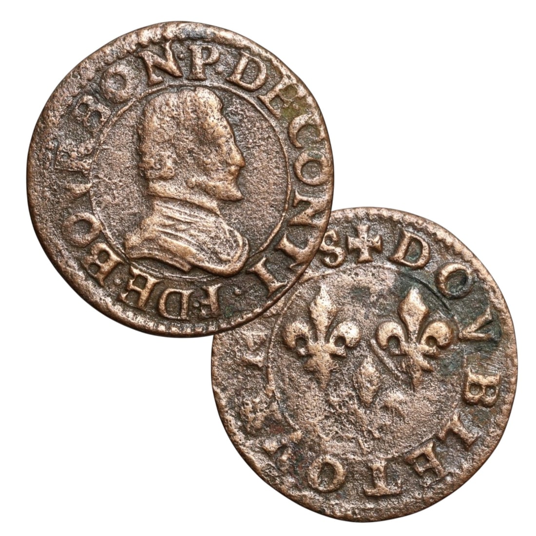 FRANCE/LOIRE: Chateau-Renaud - Feudal Allegiance Double Tournois Coin, 1603-1605, 19mm: Minted under the regional authority of Francois de Conti and Louise Marguerite during the waning years of Valois influence, this copper Double Tournois from Chateau-Renaud exemplifies the feudal auton