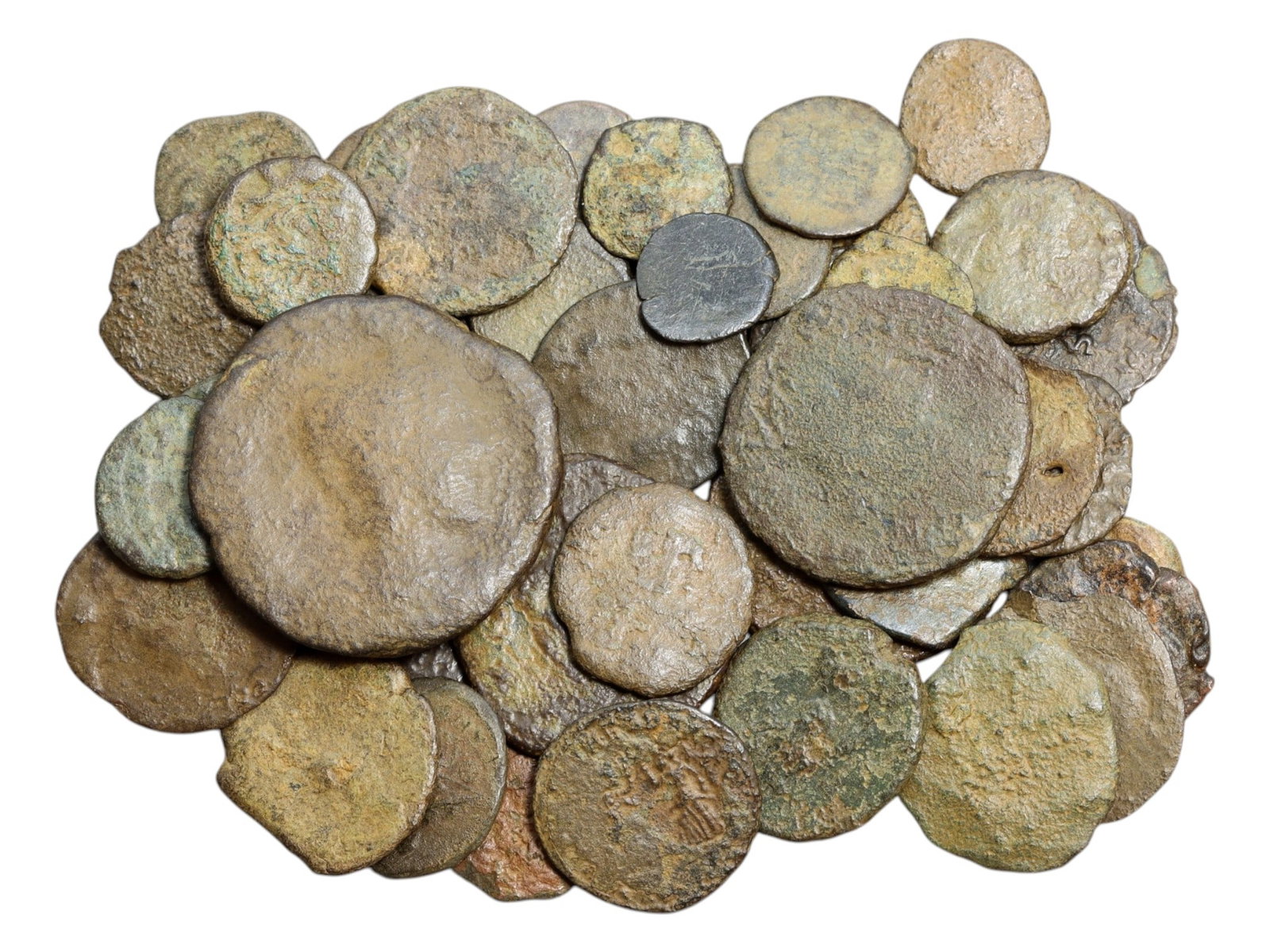 Ancient Roman and Provincial Bronze Coin Lot of 44, Mixed Emperors and Eras, c. 1st-4th Century CE: This remarkable assemblage of 44 ancient bronze coins offers a rare opportunity to own a diverse cross-section of Roman and provincial monetary history. Ranging in size from approximately 10 to 28 mm,