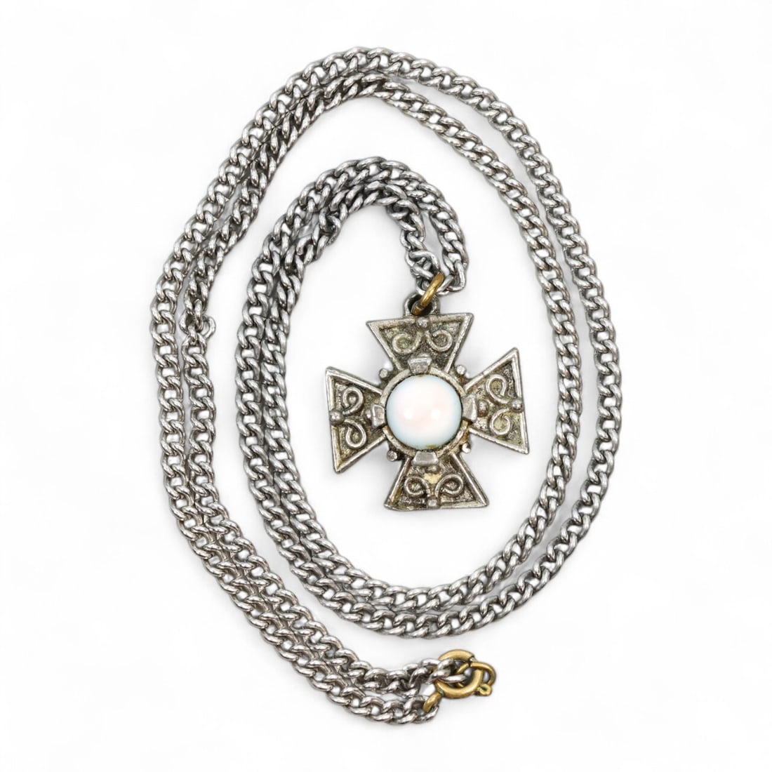 GOTHIC REVIVAL Cross Pendant Necklace - Opal-Like Center & Scrollwork (64 cm) (1 of 1)