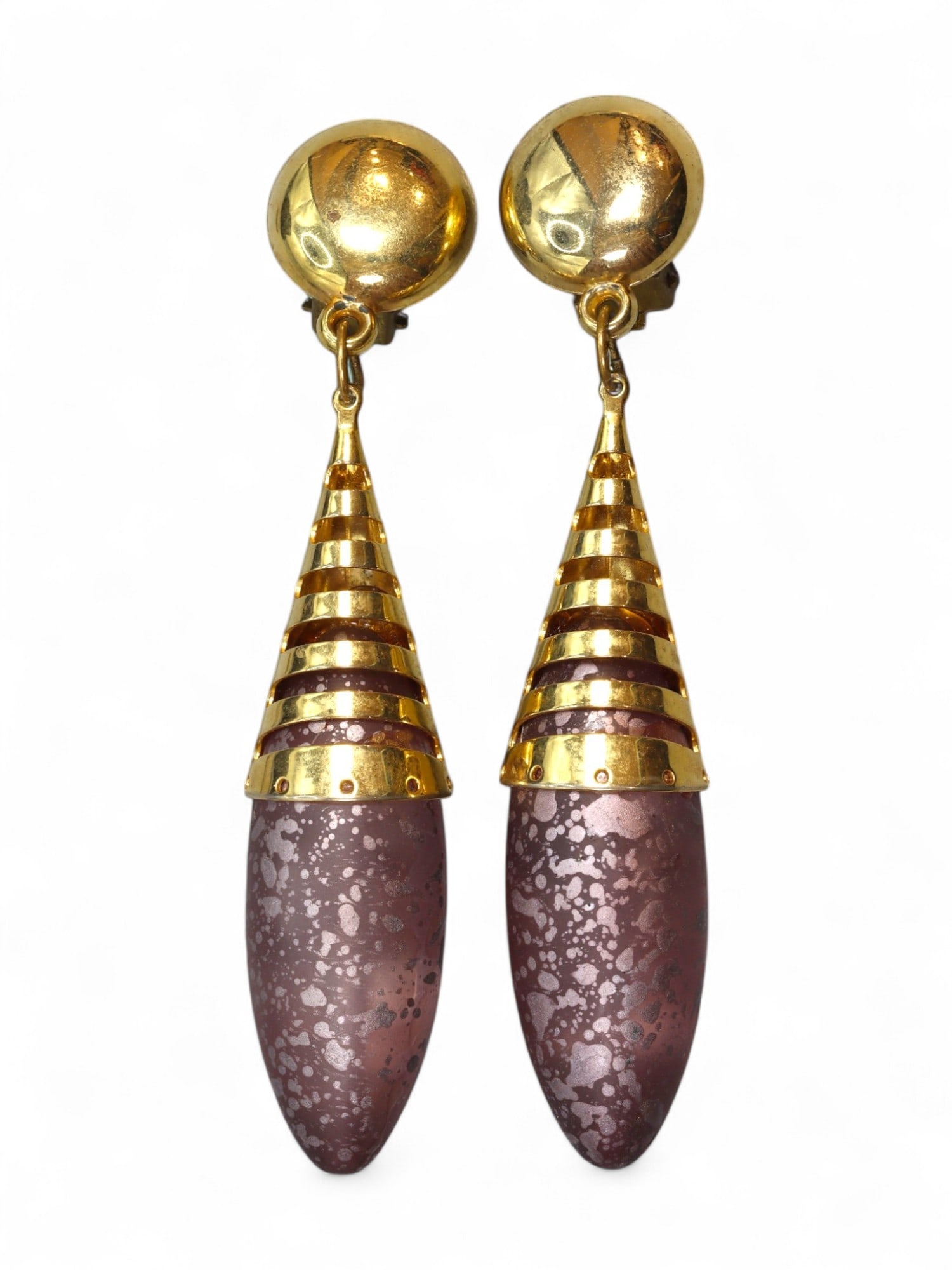VINTAGE MID-CENTURY: Statement Drop Earrings - Speckled Plum Drops, Cone Caps 9x1.6cm (1 of 2)