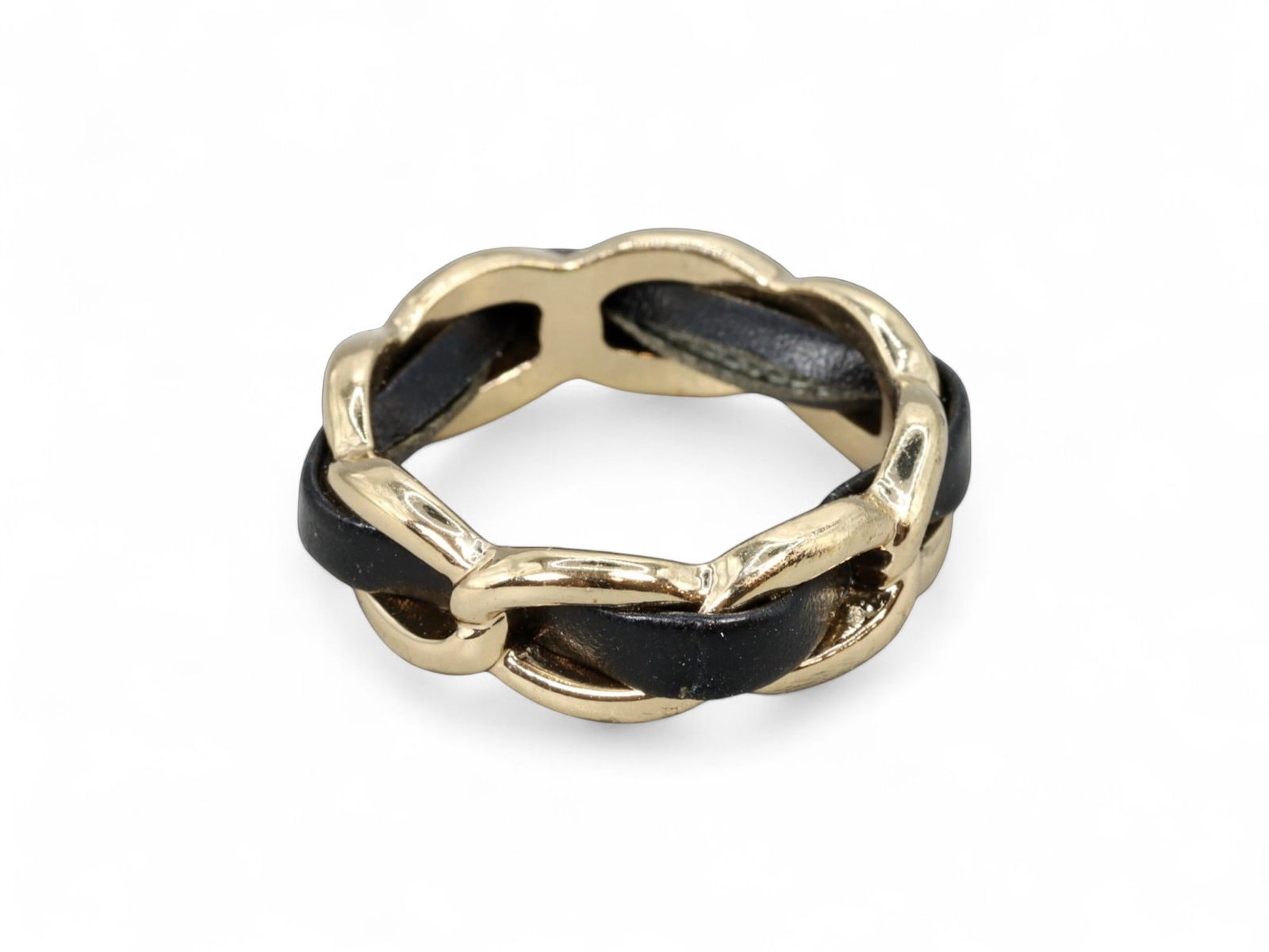 STATEMENT Ring - Goldtone & Black Leather Weave (8 US) (1 of 2)
