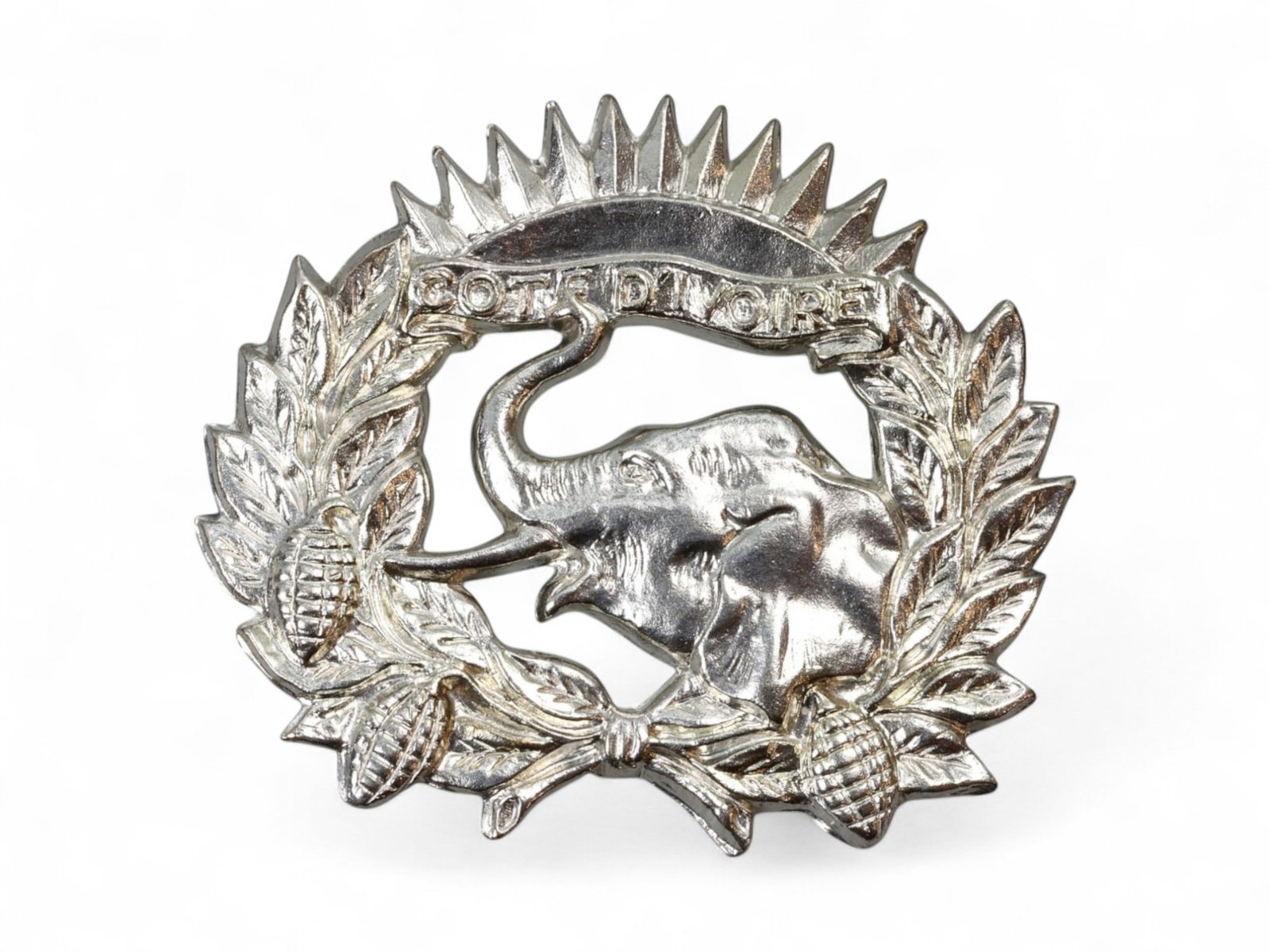 MID-20TH CENTURY: Military Badge Emblem - Cote d'Ivoire Elephant & Cacao Laurel (4.5x4cm): A compelling emblematic piece featuring a raised elephant head framed by cacao pods and laurel leaves, inscribed 'COTE D'IVOIRE' beneath a radiating crown motif. This unmounted badge likely once adorn