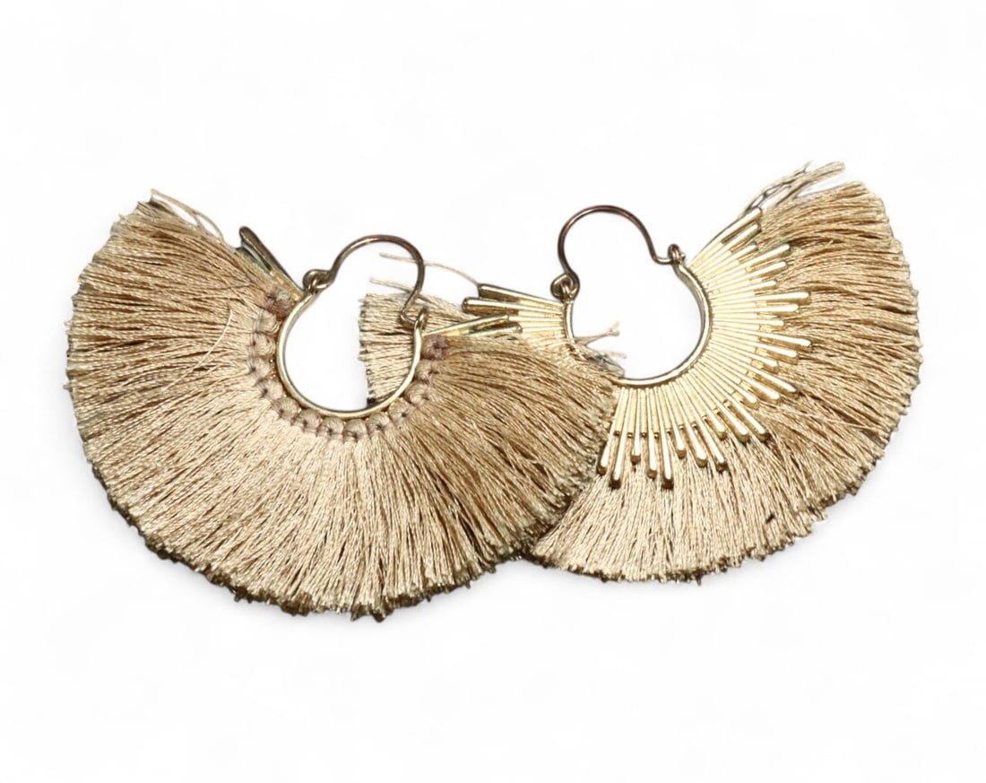 BOHO: Hoop Earrings - Fan Fringe Design, Soft Goldtone & Textile Accents (7 x 4 cm): A vibrant pair of contemporary bohemian-inspired hoop earrings featuring a dramatic fan-shaped fringe. The structured goldtone hoops are embellished with an abundant array of silky textile strands in 