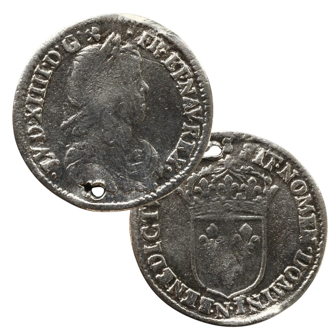 FRANCE: Louis XIV Absolutist Splendor Silver 1/12 Ecu "Long Lock" Coin, 1658 N Montpellier Mint 22mm: Struck during the early consolidation of Louis XIV's reign, this 1658 silver 1/12 ecu-known as the "a la meche longue" type for the monarch's flowing hair-projects both regal elegance and Bourbon cont