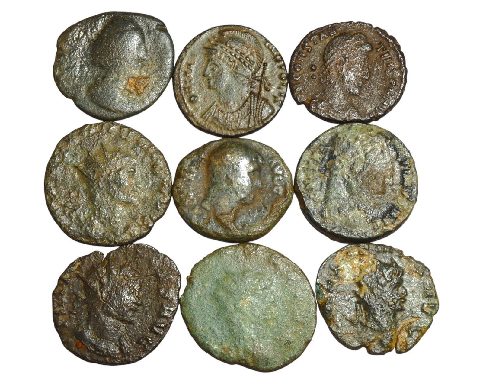 ROMAN EMPIRE: Fragmented Authority - Lot of 9 AE Coins, ca. 3rd-4th Century AD, 17-20mm: This ensemble of nine late Roman AE bronzes offers a tactile chronicle of imperial flux, regional mints, and varied state propaganda. With emperors ranging from Constantine to obscure crisis-era ruler