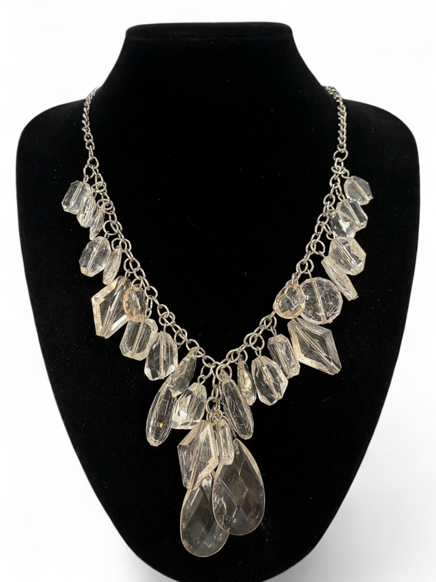 Faceted Drop Necklace - Clear Stone-Like Accents, Silvertone Chain 56cm (1 of 1)