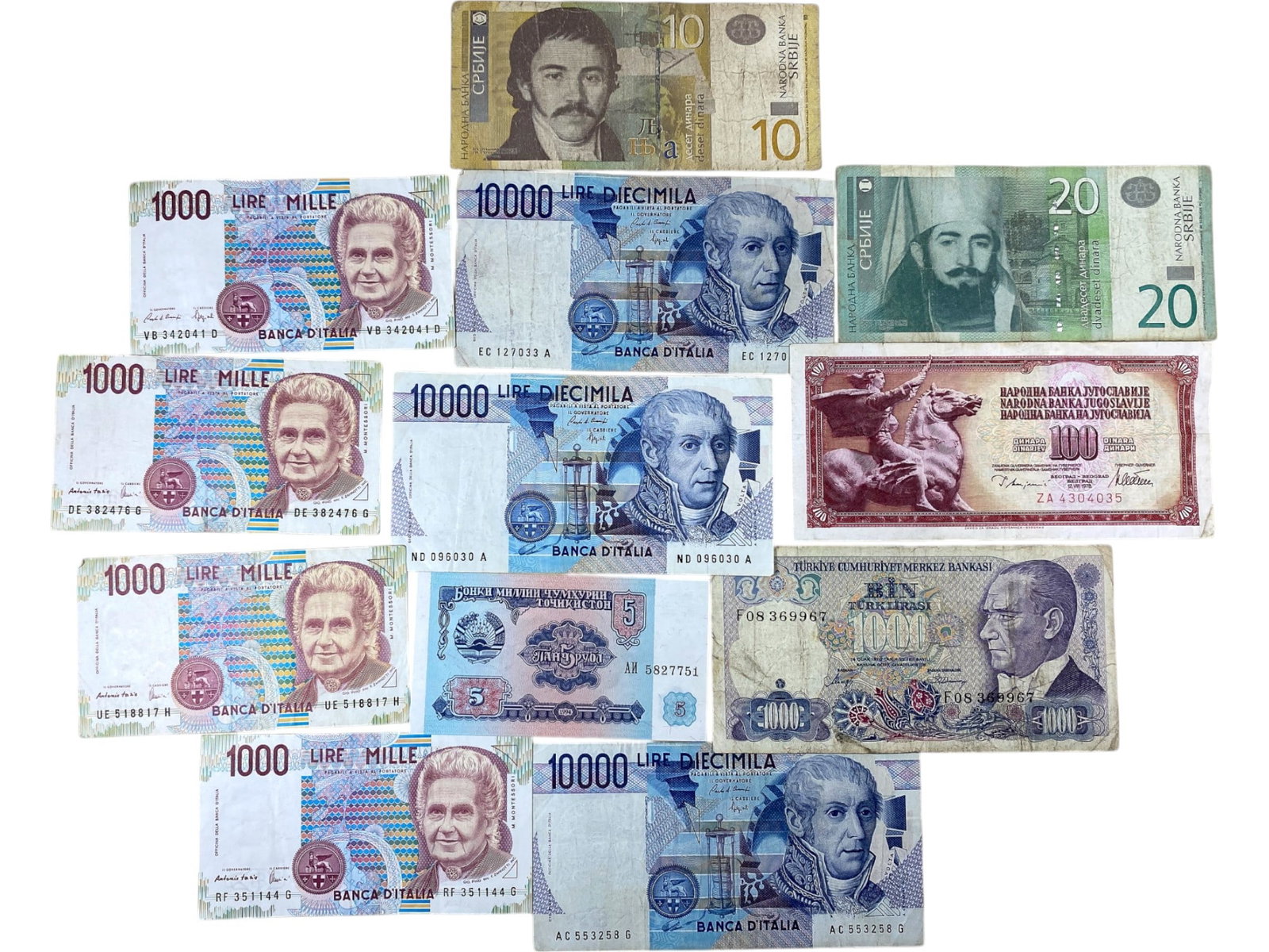 Italy, Serbia, Turkey & Yugoslavia Historical Banknote Group (12 Notes), 1965-1990s: This eclectic 12-note group bridges mid-to-late 20th-century currency design from Italy, Yugoslavia, Turkey, and Serbia, each bearing figures emblematic of national intellect, leadership, and resistan