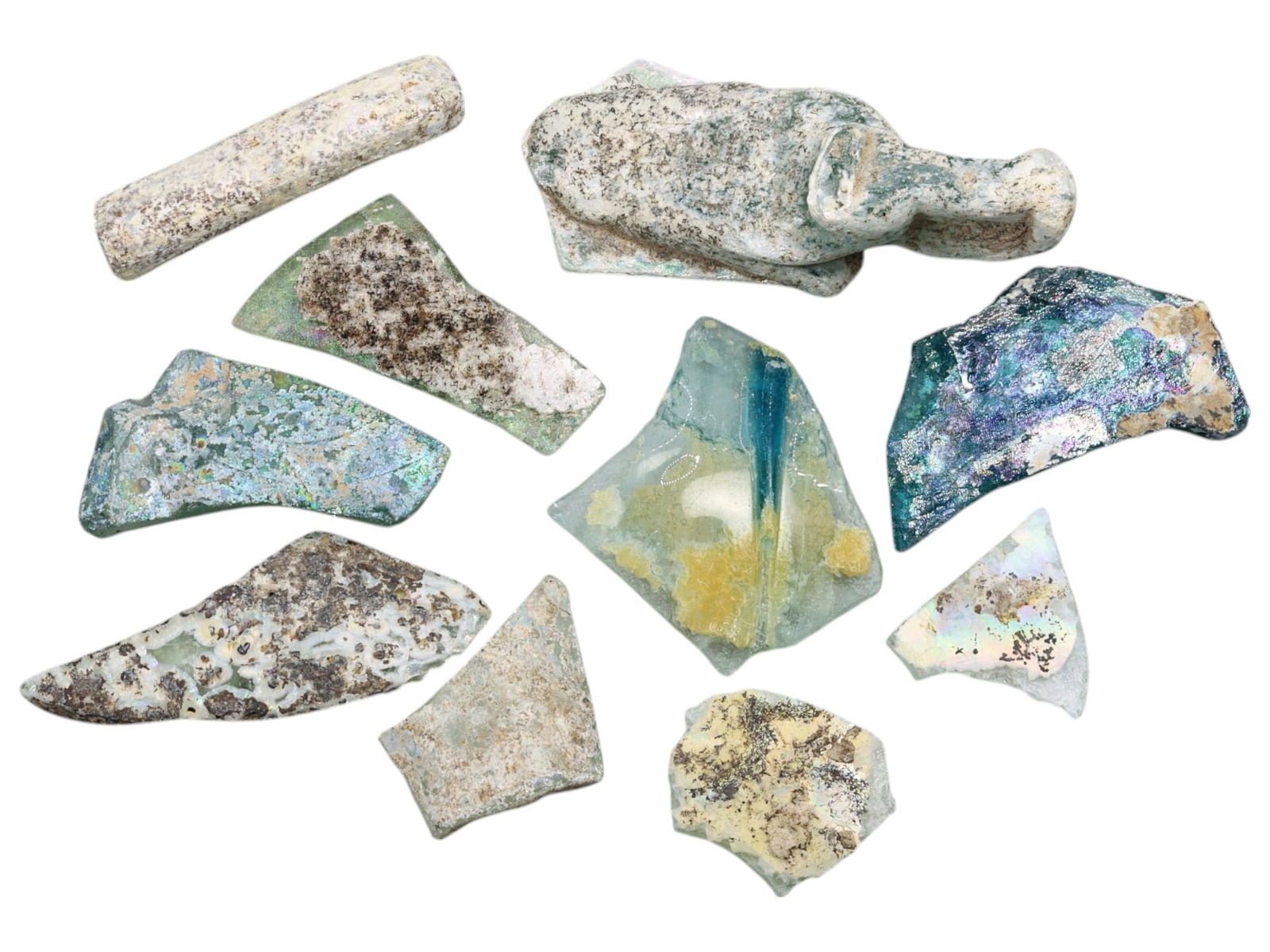 Ancient Medieval Levantine Crusader Glass Slag Fragments - Iridescent Remnants of 12th-13th Century: These evocative glass slag fragments hail from the Levantine Crusader States, dating to the 12th-13th century CE-an era when European, Byzantine, and Islamic techniques converged in glassmaking worksh