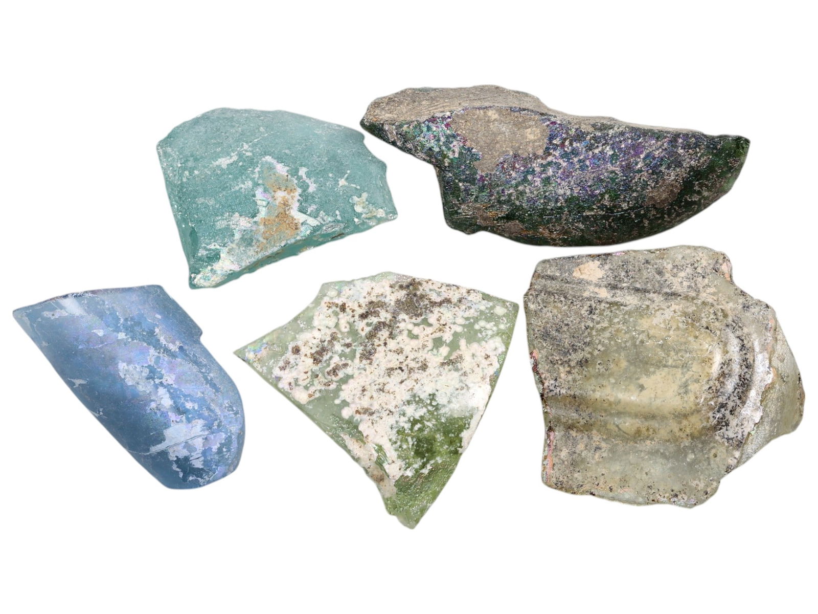 Ancient Medieval Levantine Crusader Glass Slag Fragments - Iridescent Remnants of 12th-13th Century: These evocative glass slag fragments hail from the Levantine Crusader States, dating to the 12th-13th century CE-an era when European, Byzantine, and Islamic techniques converged in glassmaking worksh