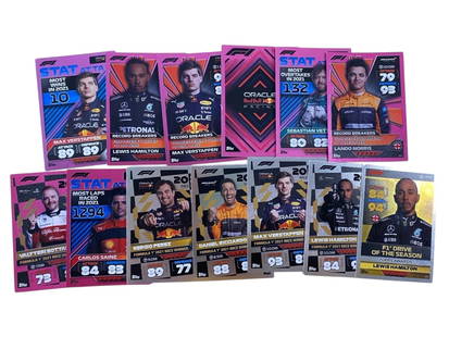 2022 Topps Turbo Attax F1 - Insert & Parallel Lot (13 Cards) EN: This 13-card lot from the 2022 Topps Turbo Attax Formula 1 set features a curated selection of insert cards and foiled parallels, spotlighting top drivers and statistical leaders from the 2021 season.