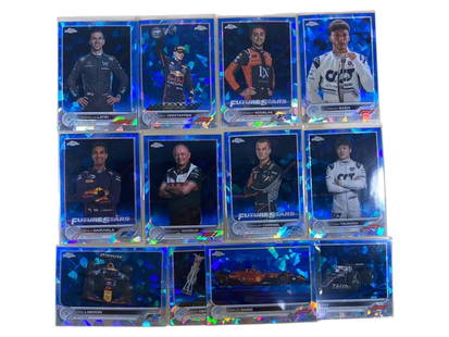 2021 Topps Chrome Formula 1 - Aqua Wave Refractor Lot (12 Cards) EN: This is a premium 12-card Aqua Wave Refractor lot from the 2021 Topps Chrome Formula 1 series, showcasing a mix of rising stars, seasoned F1 drivers, team principals, and key car shots. The lot includ