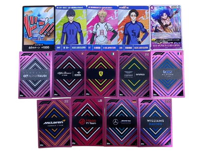 2022 Topps Turbo Attax F1 - Team Logo Pink Foils + Anime TCG Lot (14 Cards) EN/JP: This 14-card mixed lot blends collectible highlights from the 2022 Topps Turbo Attax Formula 1 set with crossover appeal from anime-based trading card games. Included are 9 pink foil "Team Logo" cards