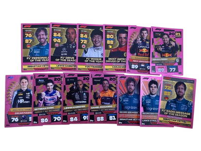 2022 Topps Turbo Attax F1 - Awards & Race Winner Foil Lot (13 Cards) EN: Presented here is a 13-card foil-enhanced lot from the 2022 Topps Turbo Attax Formula 1 set, centered around the exclusive Awards series and Race Winner subset. Highlighted drivers include Max Verstap