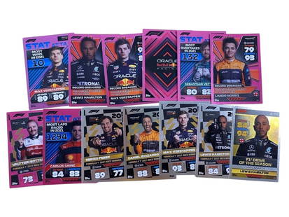 2022 Topps Turbo Attax F1 - Insert & Parallel Lot (13 Cards) EN: This 13-card lot from the 2022 Topps Turbo Attax Formula 1 set features a curated selection of insert cards and foiled parallels, spotlighting top drivers and statistical leaders from the 2021 season.