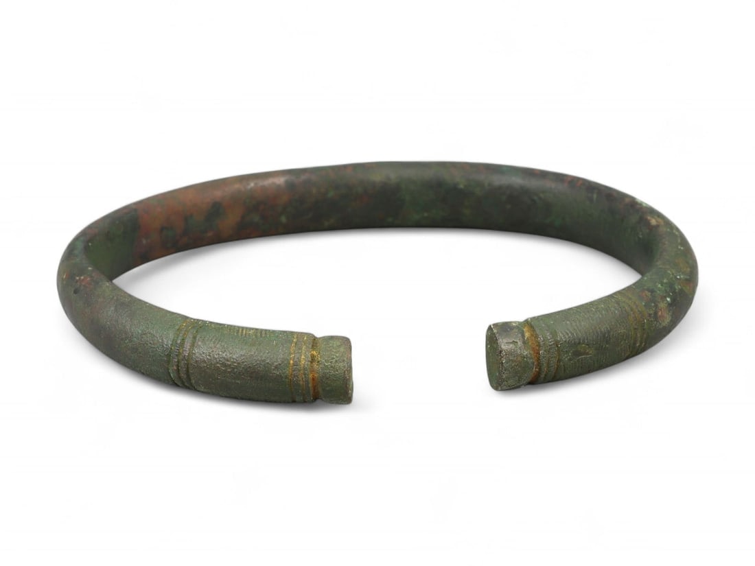 Ancient Roman Bronze Armilla Bracelet with Decorated Terminals, c. 1st-3rd Century CE (1 of 2)