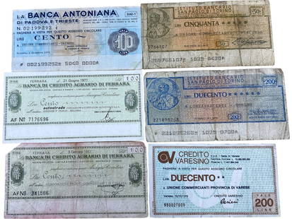 ITALY: Postwar Economic Confidence - Commercial Bank Assegni Circolari Set, 1976-1977, 160mm avg: A vivid testimony to Italy's commercial resilience during its postwar economic expansion, this set of six circular checks (assegni circolari) showcases institutional design across regional banking cen