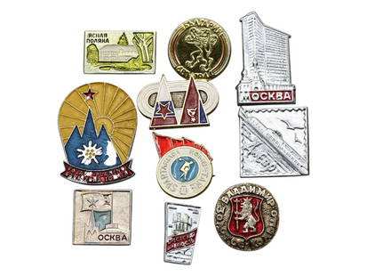 Vintage Soviet Union Enamel Badge Collection - Propaganda, Architecture & Regional Icons, 1960-1980s: This unique lot of ten original enamel and metal badges offers a vibrant visual snapshot of mid-to-late Soviet-era symbolism, spanning cultural landmarks, industrial pride, regional identity, and ideo