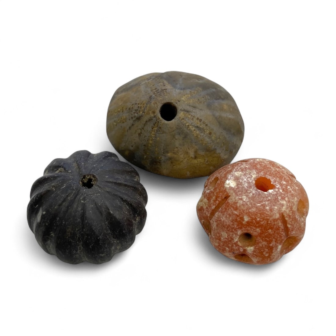 Ancient Silk Road Weight Beads Trio in Fossil, Carnelian, and Steatite, 7th-10th Century CE, 100g (1 of 3)