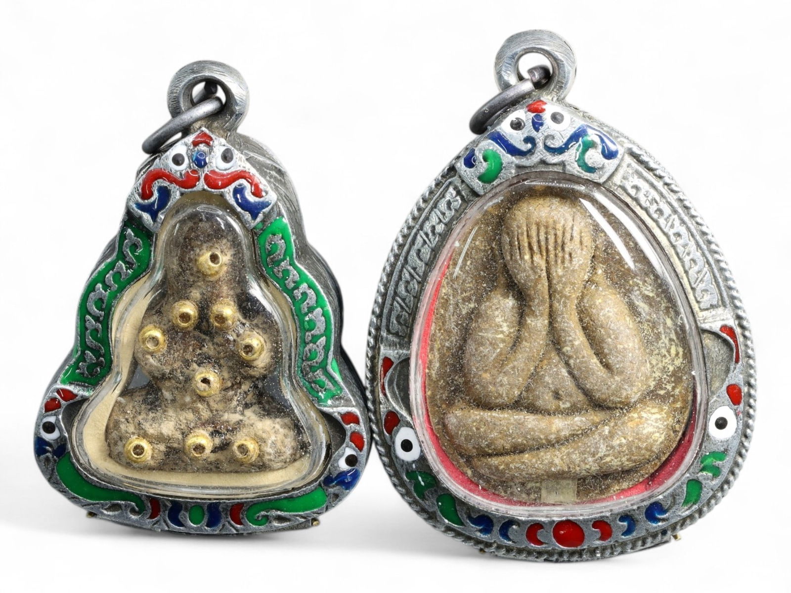 Antique Thai Buddha & Mystic Yantra Amulet Pair in Silver Enamel Cases, c. 19th-20th Century CE, 82g (1 of 2)