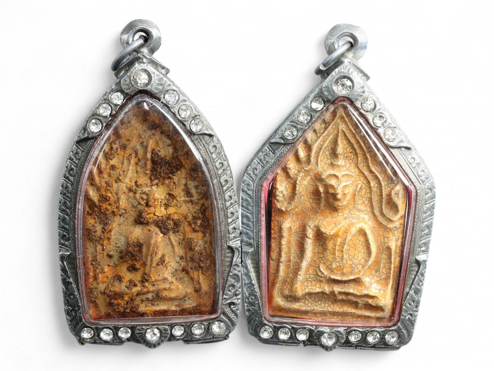 Antique Thai Crowned Buddha Terracotta Amulet Pair in Gem-Set Frames, c. 19th-20th Century, 92g (1 of 2)