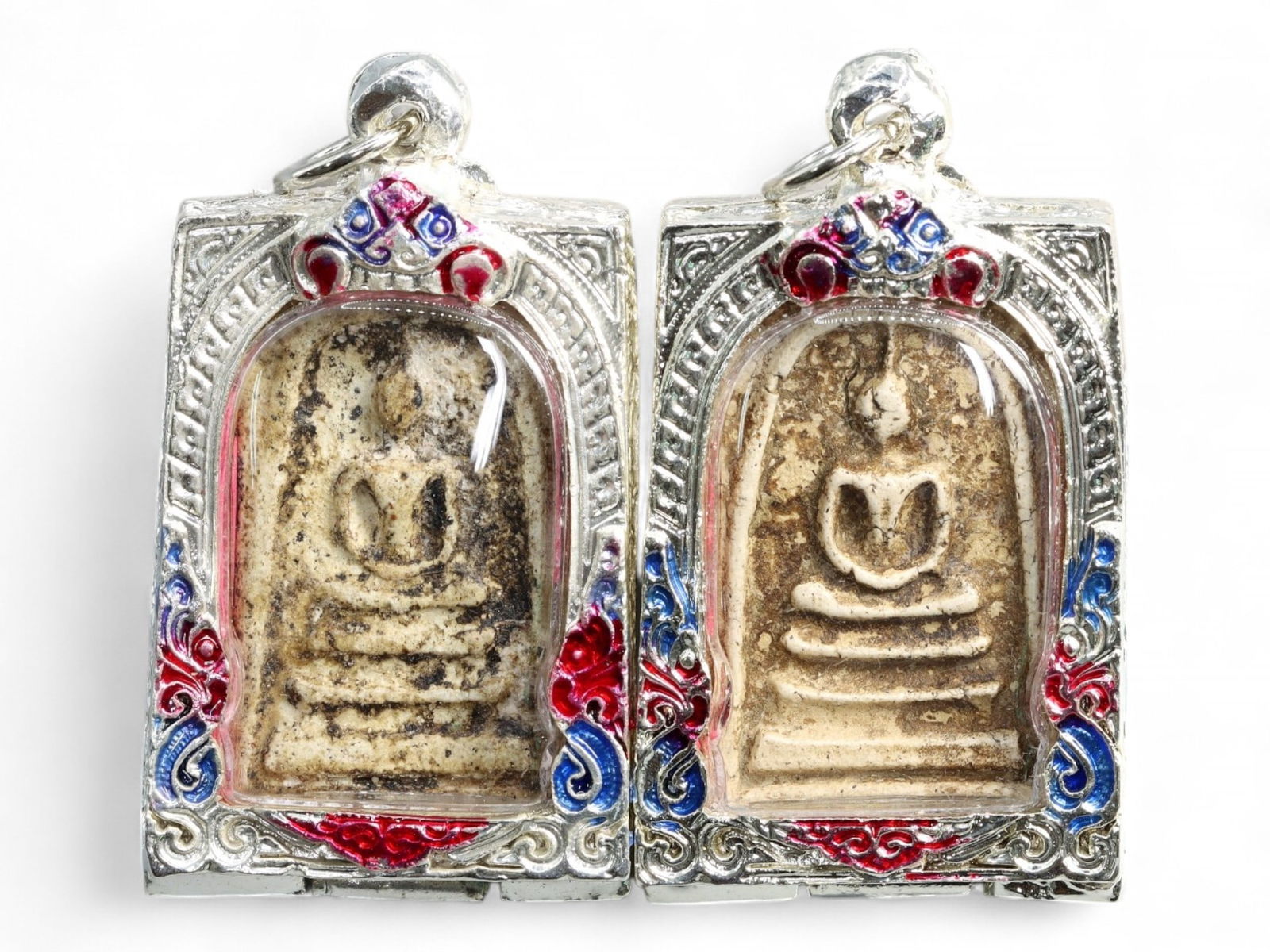 Antique Thai Seated Buddha Terracotta Amulet Pair in Silver Enamel Frames, c. 19th Century, 115g (1 of 2)