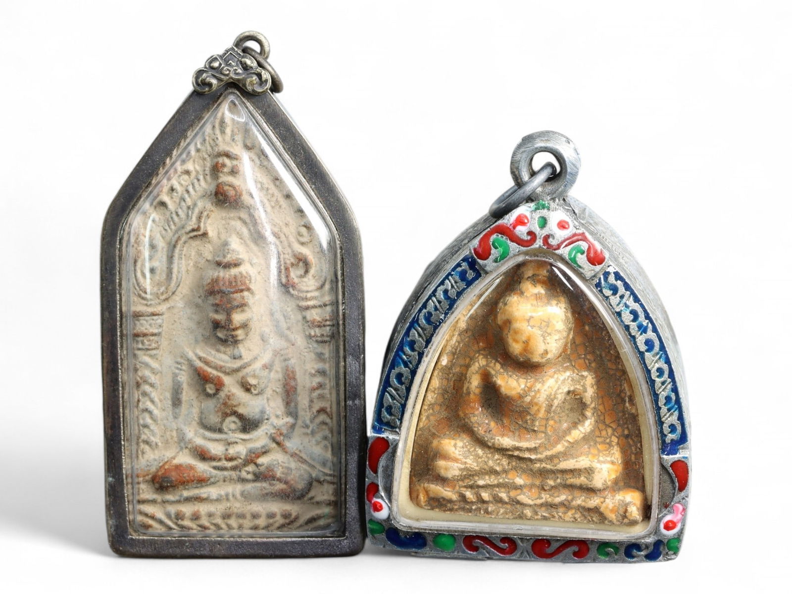 Antique Thai Deity & Meditating Buddha Amulet Pair in Framed Cases, c. 19th-20th Century, 84g (1 of 2)