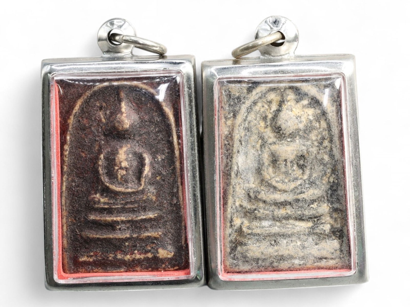Antique Thai Dark Terracotta Seated Buddha Amulet Pair in Metal Frames, c. 19th-20th Century, 37g (1 of 2)