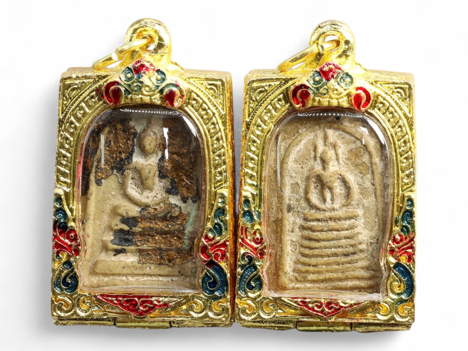 Antique Thai Seated Buddha Terracotta Amulet Pair in Ornate Gilded Frames, c. 19th Century, 133g (1 of 2)
